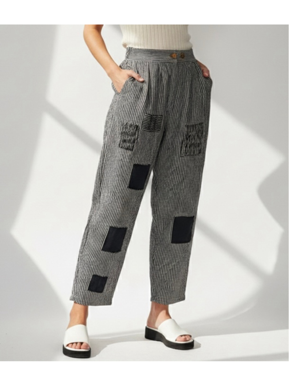 Paper Lace Small Women NWT Stripe 100% Linen Patchwork Crop Pants Lagenlook Art - Picture 12 of 12